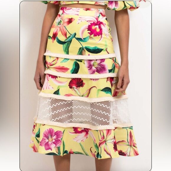 NWT PatBo LAELIA FRINGE TRIM MIDI SKIRT - CANARY Size 0 - Picture 1 of 13